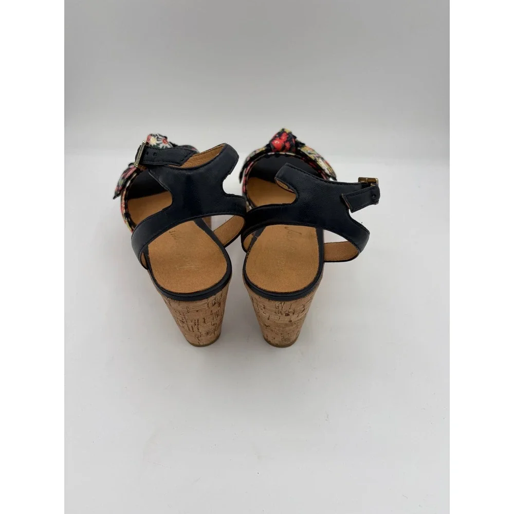 Jack Rogers Floral‎ Cork Wedge Sandals Navy Blue Leather Ankle Strap Platform 10